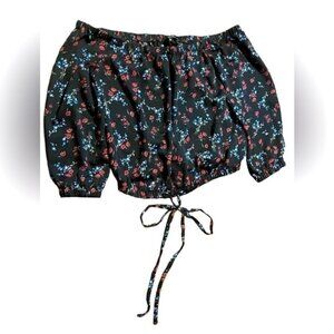 Dynamite Small Top Spring Crop Tops Boho Floral Black Cropped Shirt Long Sleeves